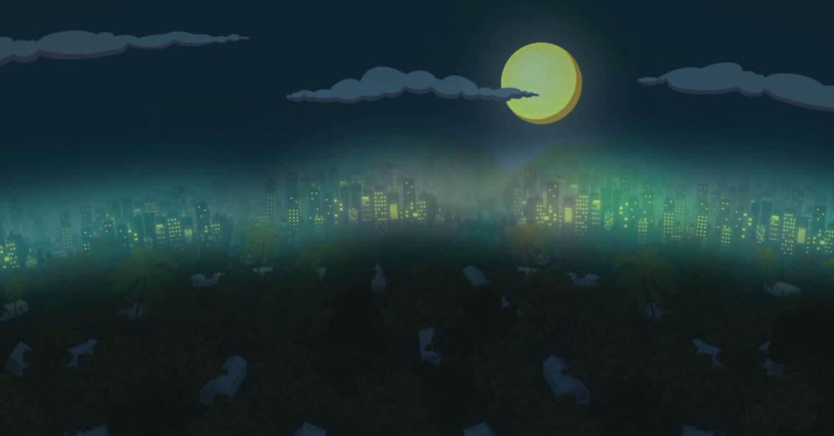 A Screenshot of a 2D animated video shorts showing the night picture of a city with moon in the sky and lights from buildings in the dark city and village.